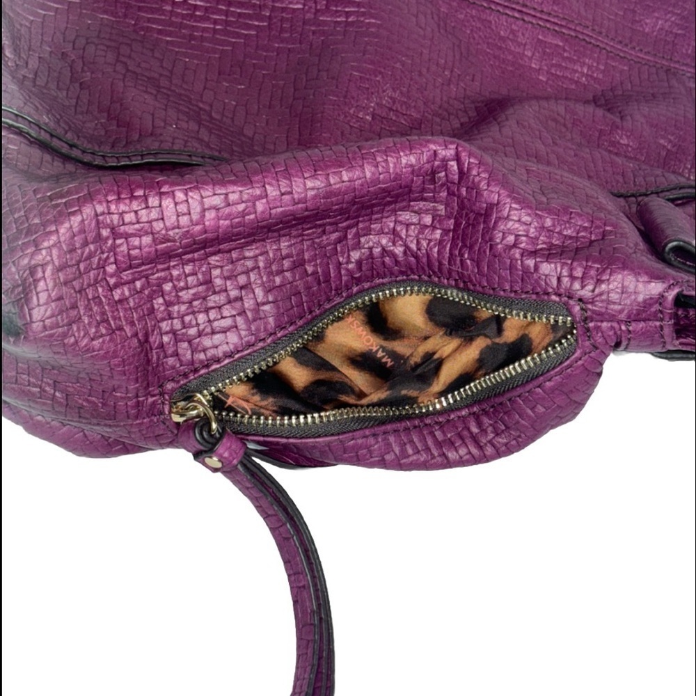 B. Makowsky Plum Embossed Leather Shoulder Bag Large Tote Leopard Lining - Picture 11 of 14